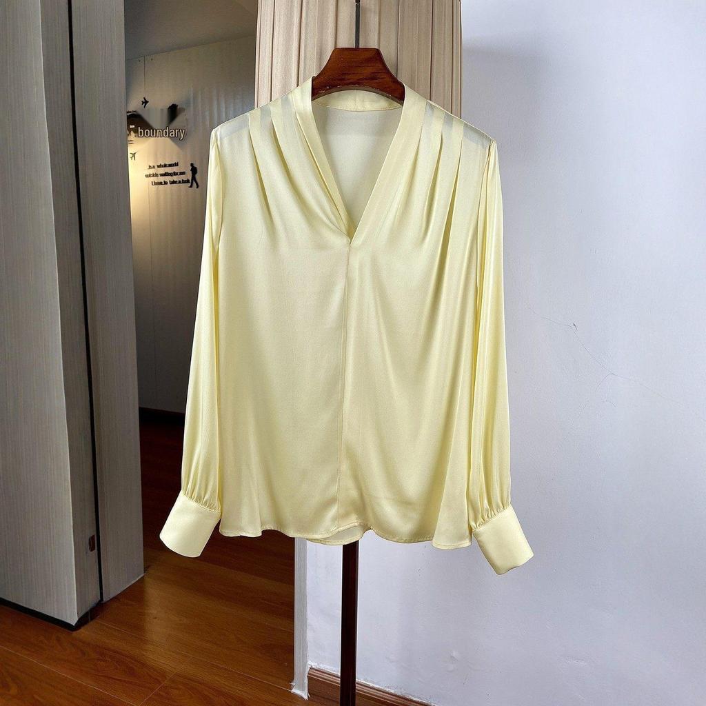 Женская элегантная шелковая рубашка-свитер с V-образным вырезом, длинный рукав, свободный крой, стройнящая, шелк-тусса, идеально подходит для весенне-летнего офиса.