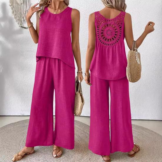 Женский комплект из двух предметов для отдыха, летний топ без рукавов с вырезом сзади и широкие брюки, повседневная одежда для отпуска и путешествий