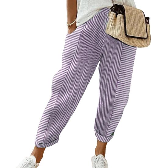 Women Casual Pants Elastic Waist Mid-rise Summer Jacquard Long Pants with Pockets Striped Print Loose Fit Trousers