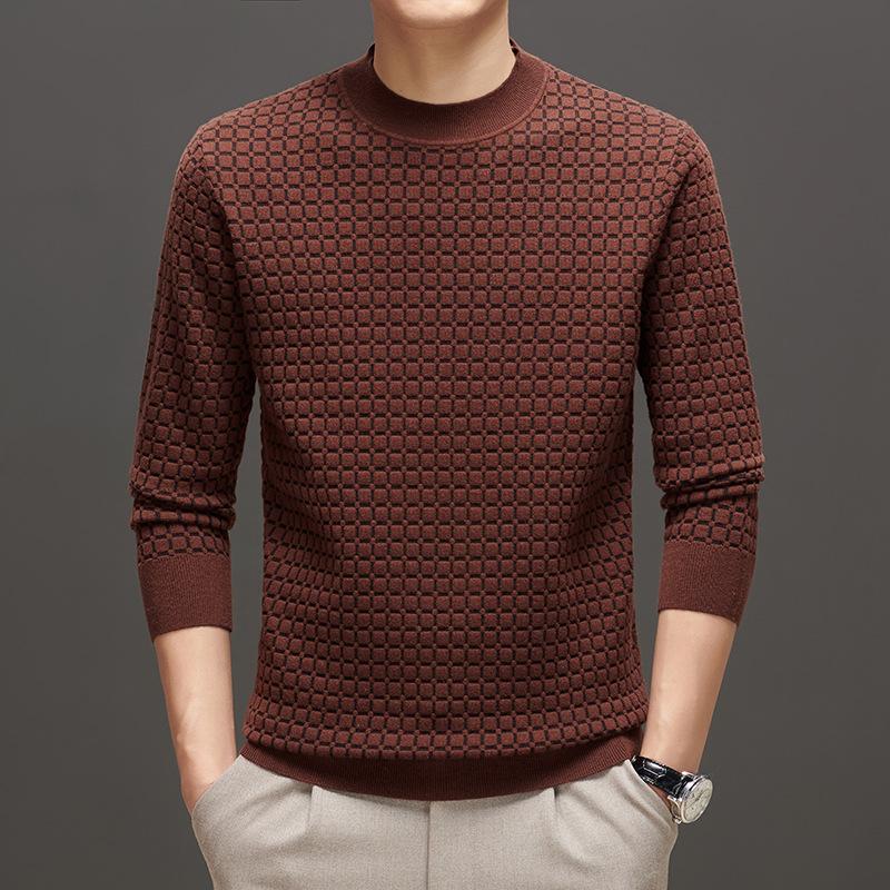 New Autumn Style Wool Plaid Men's Round Neck Jacquard Bottoming Shirt with Knitted Sweater for Men