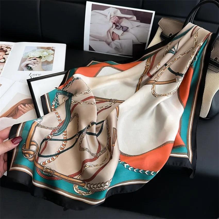 Imitation Silk Square Scarf Women Luxury Print Soft Satin Kerchief Hairband Neckerchief Foulard Bag Ribbon