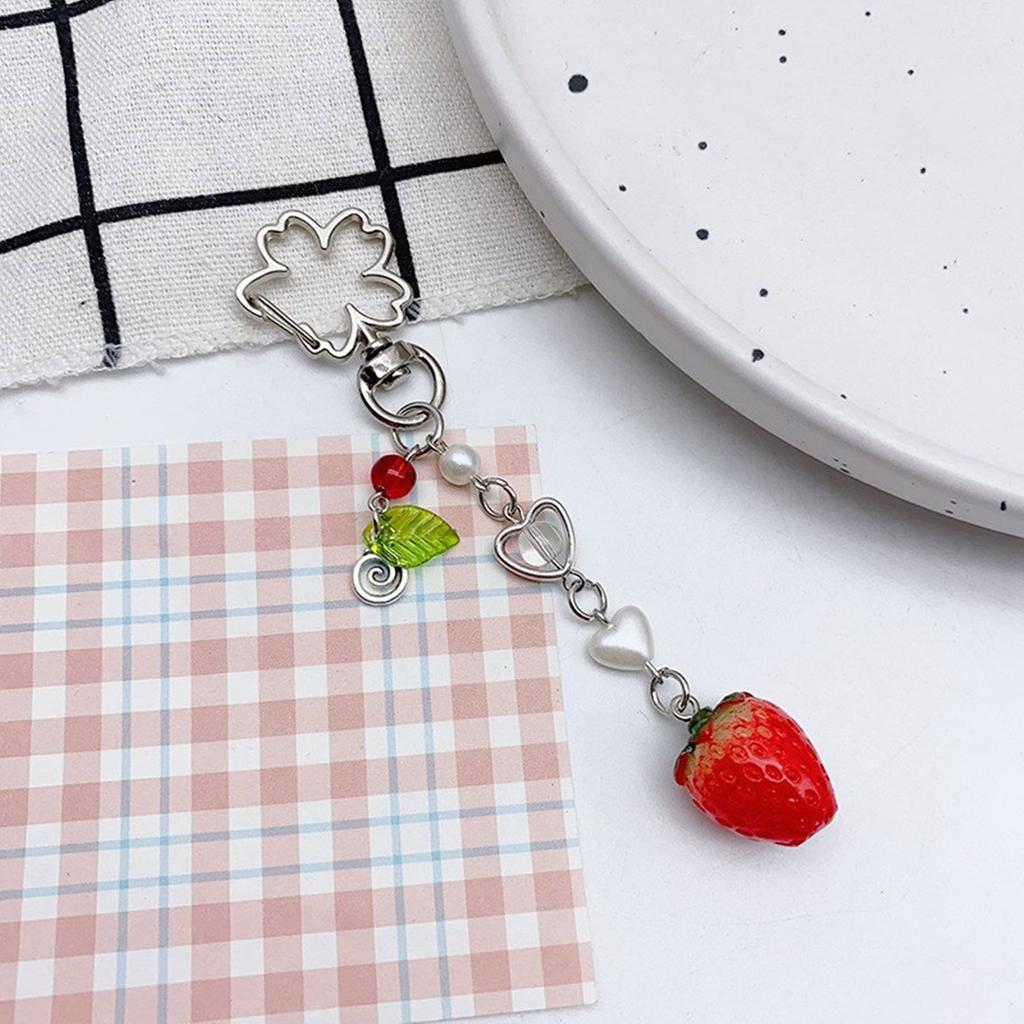Fashionable Strawberry Pendant Phone Charm Unique Heart Flower Keychain Vibrant Beaded Pendant for Cellphone Camera