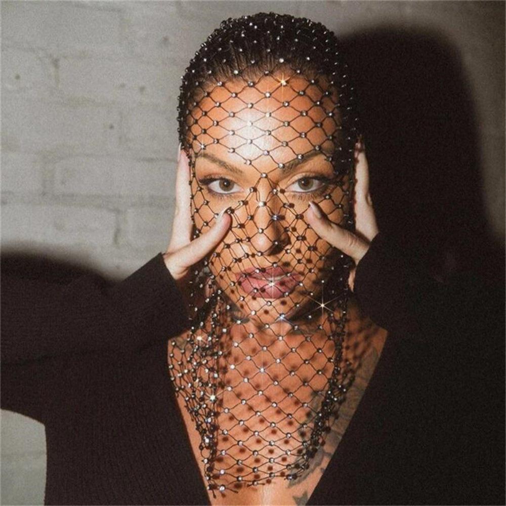 Balaclava Women Fishnet Headhood Cap Shining Diamond Headwrap Rhinestone Headcover Masked Head Mask