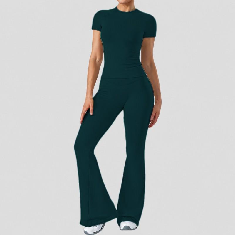 Womens High-Waisted Yoga Set With Butt-Lifting Effect Short Sleeve Top Flared Leggings Gym Fitness Running Dance