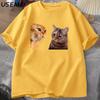 Sad Cat Mewing T-shirt Funny Two Cats Talking Meme Grpahic T Shirts Women Men's Cotton T-shirt Summer Short Sleeves Tees
