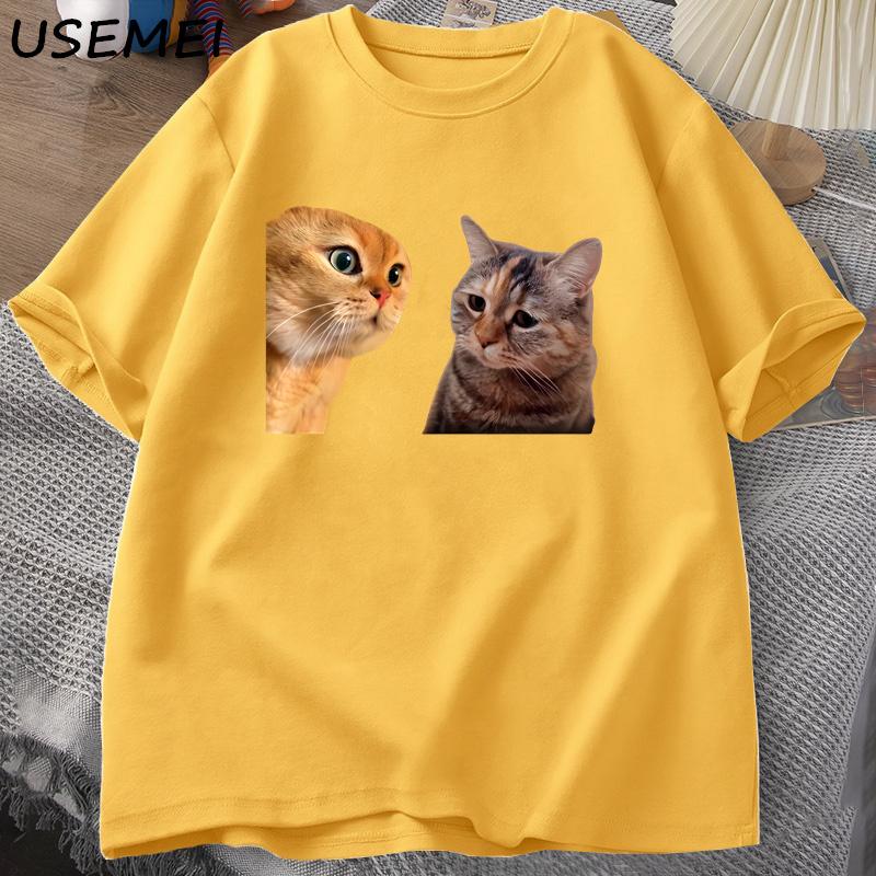 Sad Cat Mewing T-shirt Funny Two Cats Talking Meme Grpahic T Shirts Women Men's Cotton T-shirt Summer Short Sleeves Tees