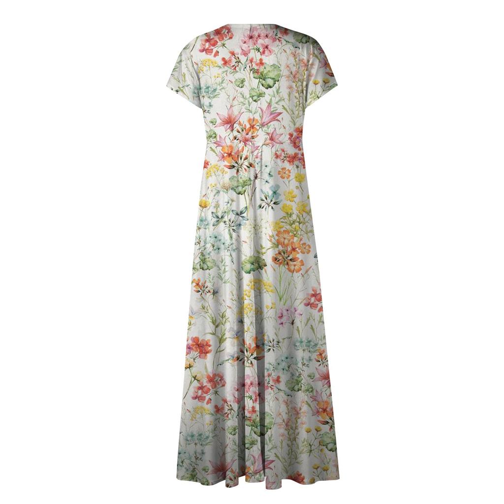 Женское длинное платье Макси-платье Повседневное платье Летнее повседневное платье с короткими рукавами и v-образным вырезом в стиле бохо с талией и принтом