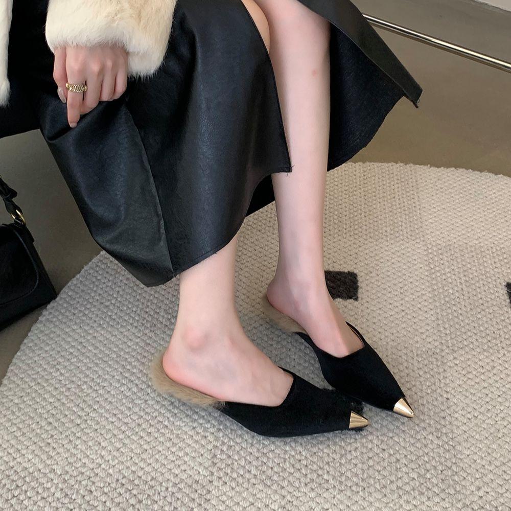 Fashion Flock Women Slides Slippers Pointed Toe Outside Slides Thin Low Heels Beige Brown Black 2024 New Arrivals Casual Dress Sheos 39