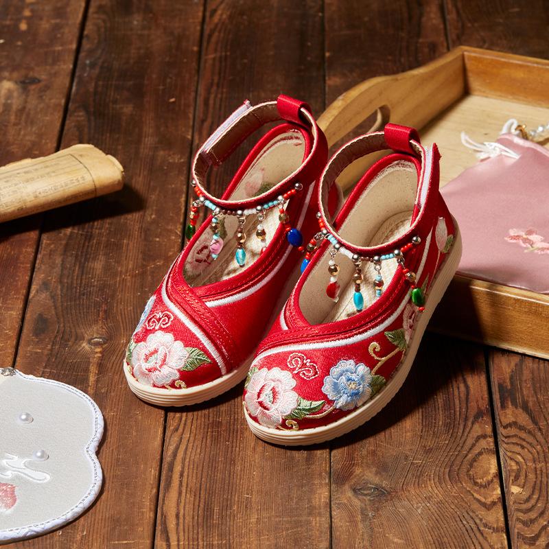 Обувь для девочек с вышивкой в китайском старинном стиле, детская обувь принцессы, модная, милая, ручная работа, детская обувь на плоской подошве с подвеской в стиле ханьфу