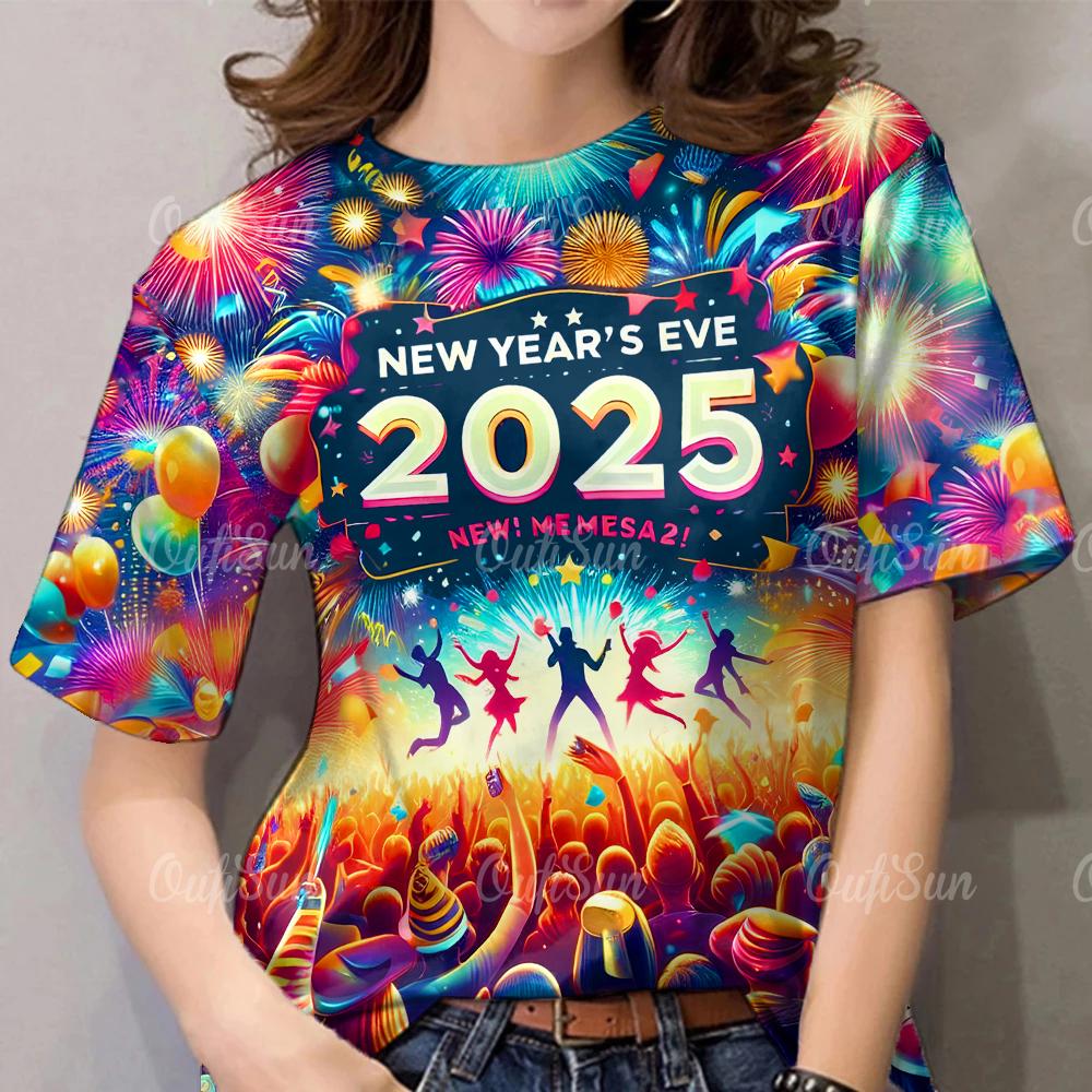 2025 Новый год женская футболка мода круглый вырез короткий рукав одежда для женщин летние красочные повседневные топы повседневный пуловер