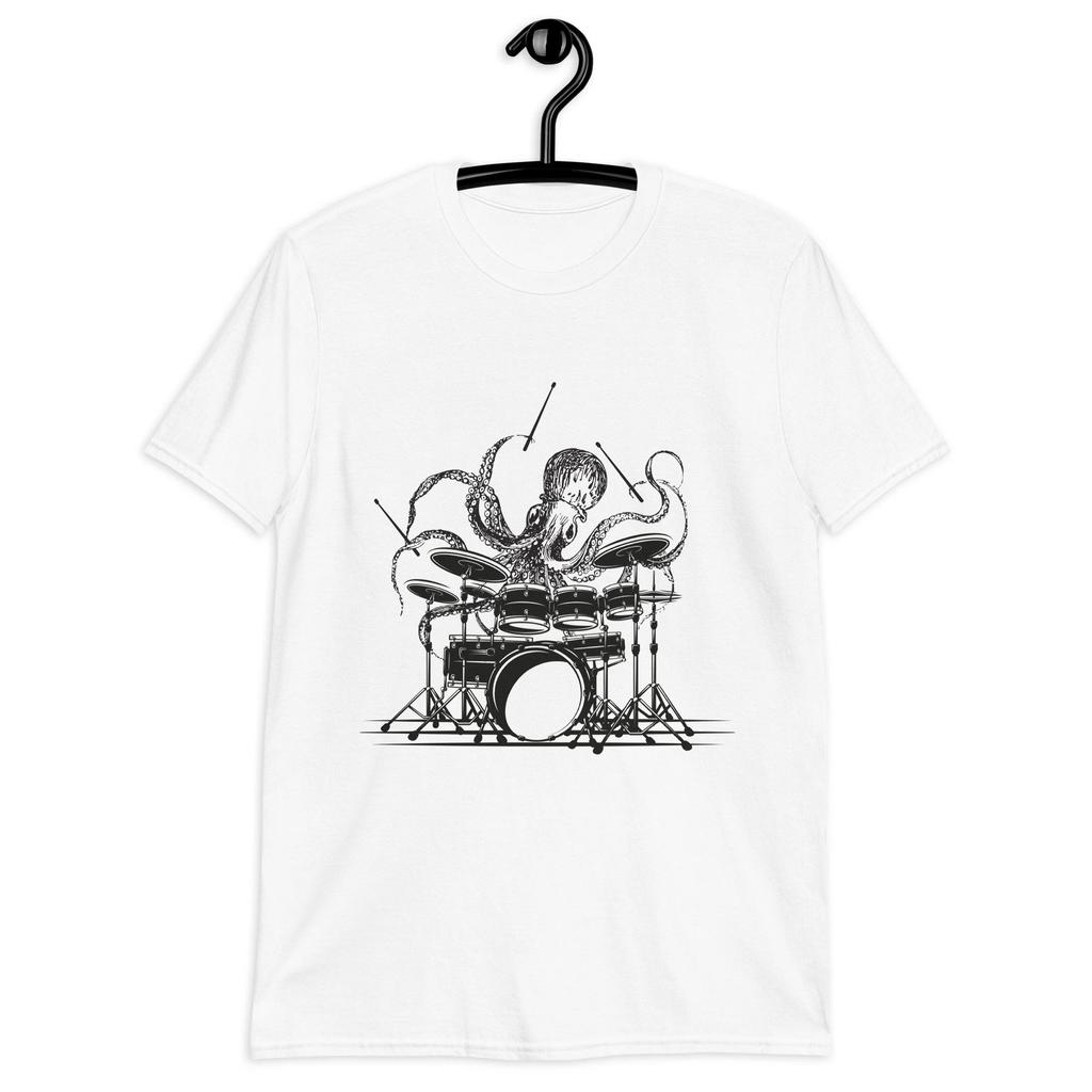 Summer Unisexs Casual Octopus Drum Print Round Neck Tshirt Neutral 100 Pure Cotton Soft Breathable Short Sleeved Drummer Gift