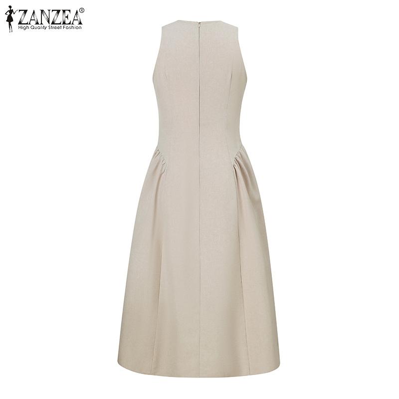 ZANZEA Женские винтажные платья с круглым вырезом и вырезом без рукавов, с тонкой талией, для вечеринок, со складками