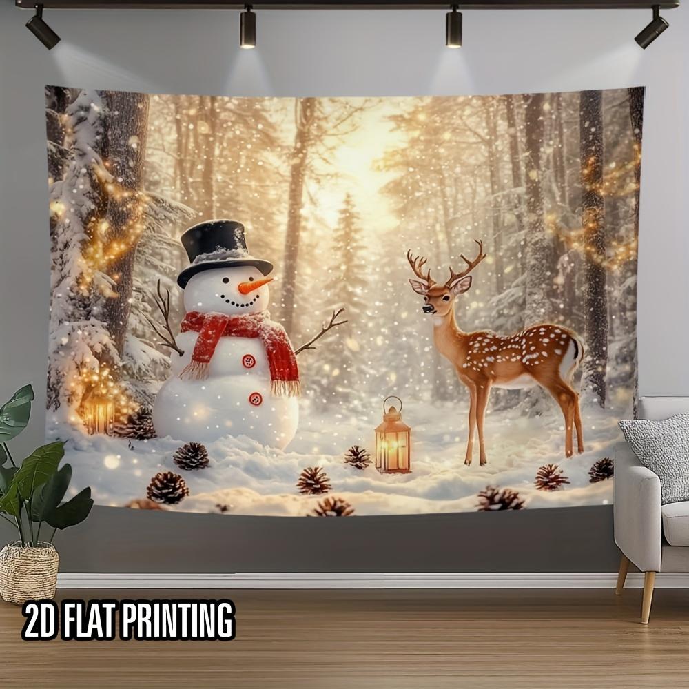 2D plane, 1 piece of winter snow forest snowman and deer lantern wall tapestry - 2D plane printed polyester fiberzyc