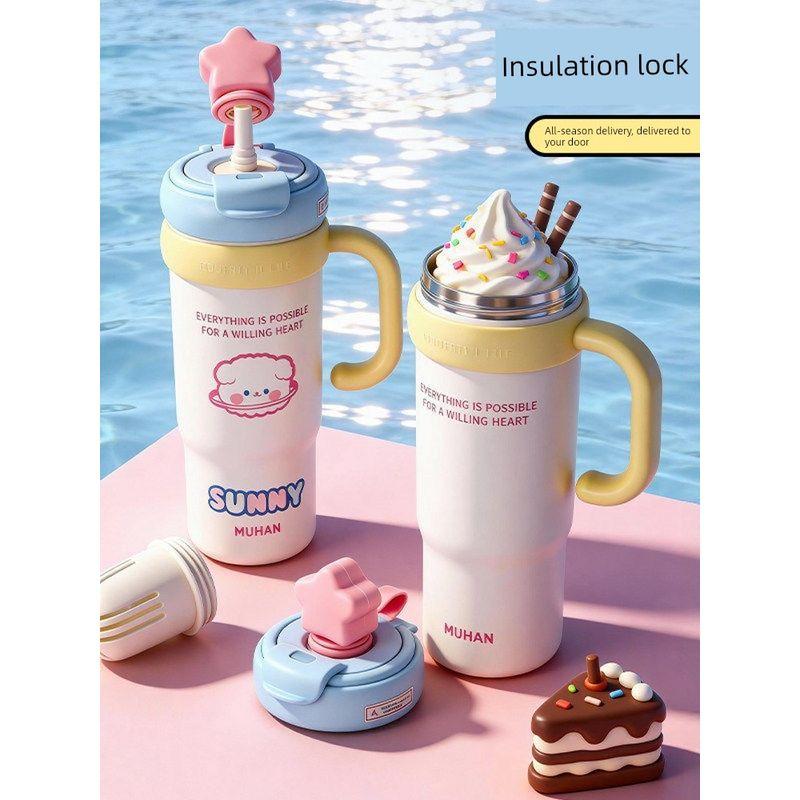 Cute Giant Large-Capacity Thermos Cup with Handle for Car Use, Ice-Retaining Cup with High Aesthetic Value and Straw