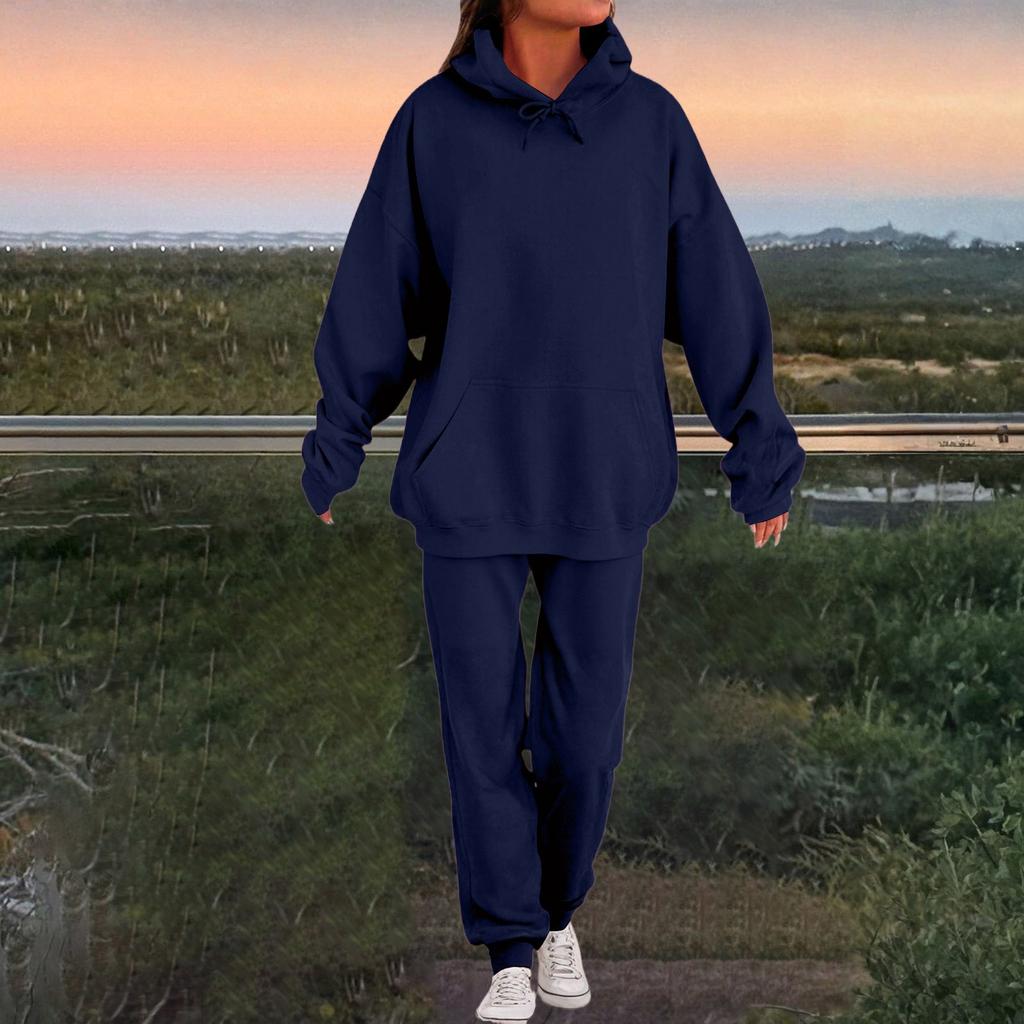 Women's Fashion Casual Solid Color Loose Hooded Sweatshirt Suit