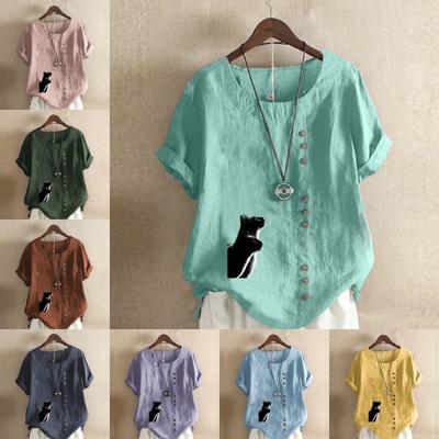 Женская модная симпатичная черная футболка с принтом в виде цветка кошки с коротким рукавом, свободная хлопковая рубашка, повседневная свободная летняя блузка, топы больших размеров