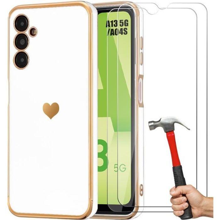 Чехол - Booling - для Samsung Galaxy A13 5G / A04s - Белый - Ударопрочный - Рисунок Сердце - с 2 Защитными Стеклами