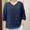 Vintage Embroidery Cotton Linen V-neck Mid Sleeve Casual Fashionable Loose Fit Women's Clothing Summer High End
