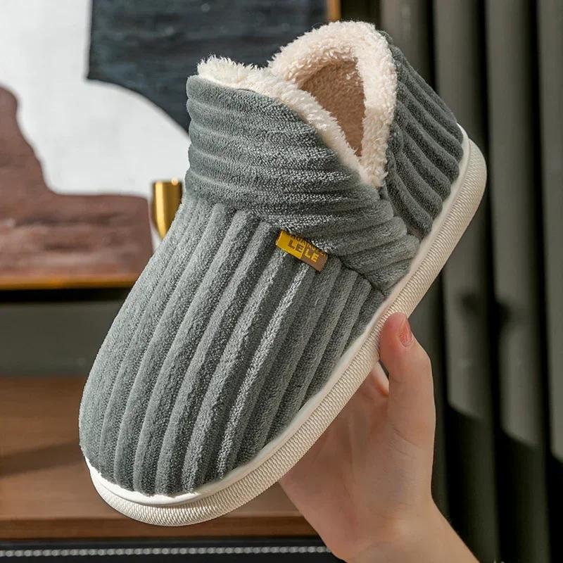 Fashion Winter Couple Style Concise Solid Color Wrap Heels Plush Slippers Non-slip Warm Flip Flops Women Men Home Casual Cotton Shoes