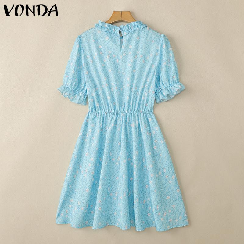VONDA Женский летний сарафан с оборками и воротником-стойкой, коротким рукавом и цветочным принтом, повседневный, приталенный