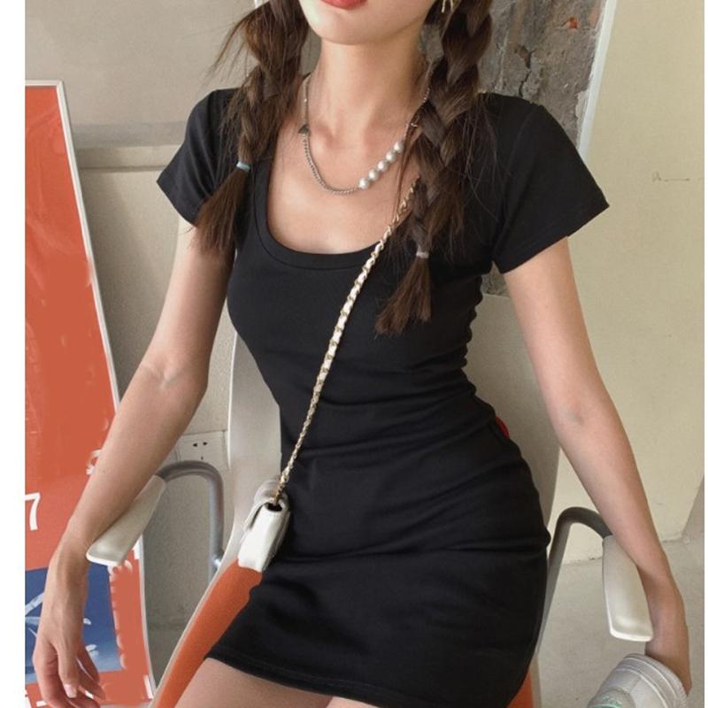 Летнее платье с коротким рукавом и U-образным вырезом для женщин, новое модное элегантное повседневное облегающее платье с высокой талией, женское однотонное простое короткое платье для вечеринки 3595