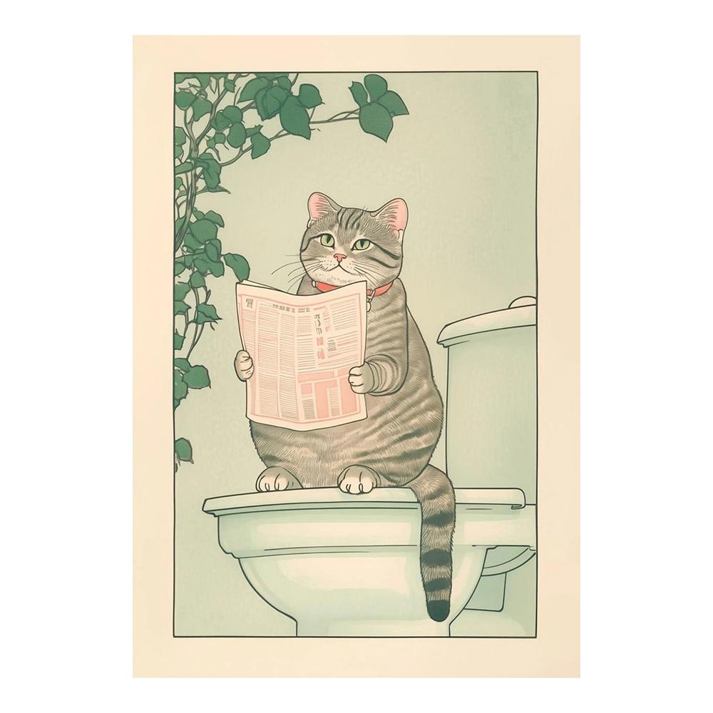 Японский полосатый кот в ванной Постеры Принты Холст Картина Ретро Эстетика Настенное искусство Картина Джапанди Ванная Туалет Домашний декор