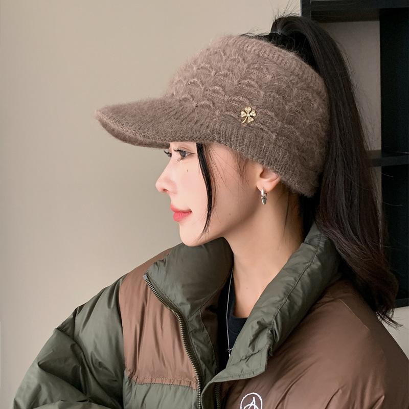 Женская осенне-зимняя бейсболка с открытым верхом, из кроличьего меха, с плюшевой подкладкой, теплая, корейская версия, универсальная, зимняя, холодостойкая, вязаная шерстяная шапка, толстая