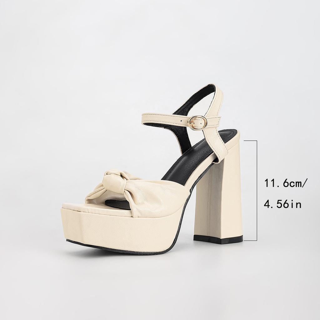 Thick Heel Thick Sole White Bow Square Head Thick Heel Super High Heel Wrinkled Large Size Women's High Heel Sandals