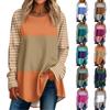 Women's Casual Plus Size Long Sleeved Round Neck Color Blocking T-shirt Top Pullover