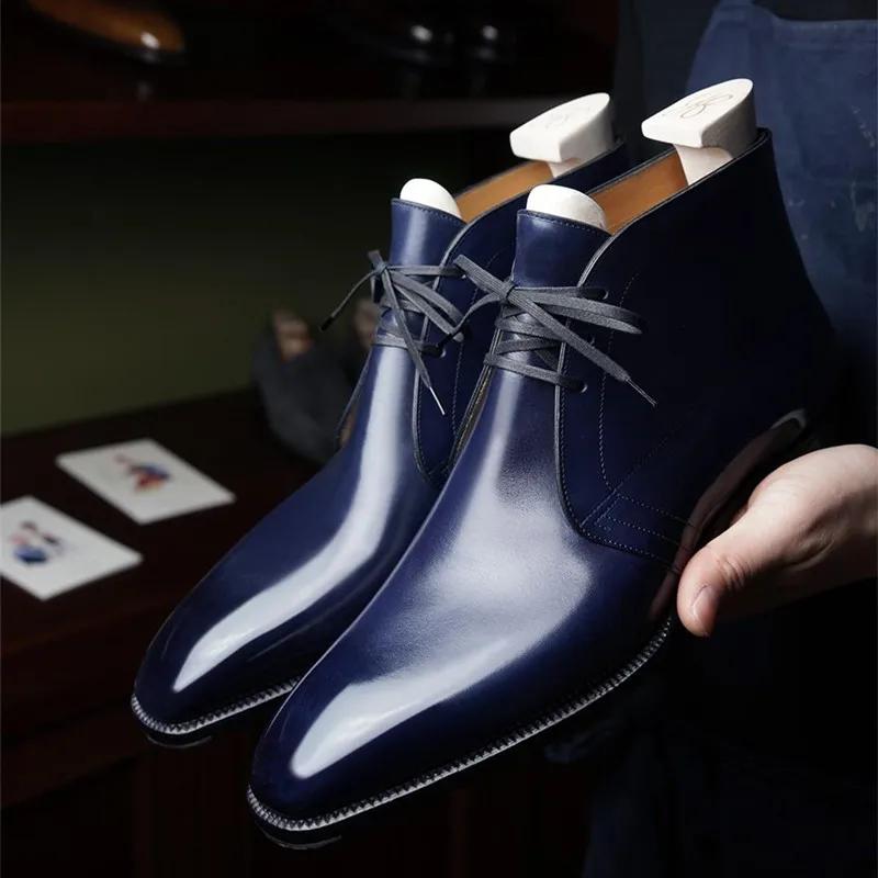 Модные деловые мужские короткие ботинки синие ботильоны на шнуровке с квадратным носком коричневые черные мужские ботинки ручной работы винтажные