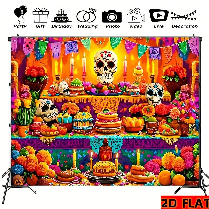 2D planar Day of the Dead banner - Vibrant Day of the Dead party decoration, traditional floral table setting