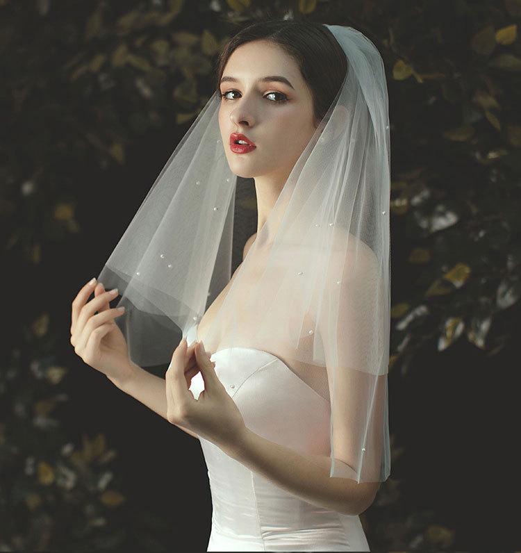 Mori-Style High-End Double Layer Pearl Bridal Veil - Super Fairy White Wedding Headdress