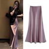 Women Fishtail Skirt High-Waisted Satin-Like Breathable Shiny Slimming Design Maxi Skirt Work Leisure Daily Wear