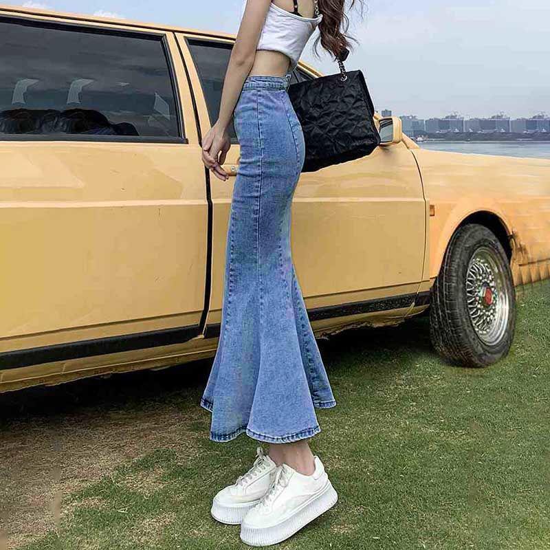 Юбка-бюстье с эластичным кроем, женская летняя юбка-бюстье с высокой талией, открытая юбка-вилка, удлиненная юбка-трапеция из денима, женская джинсовая юбка-бюстье