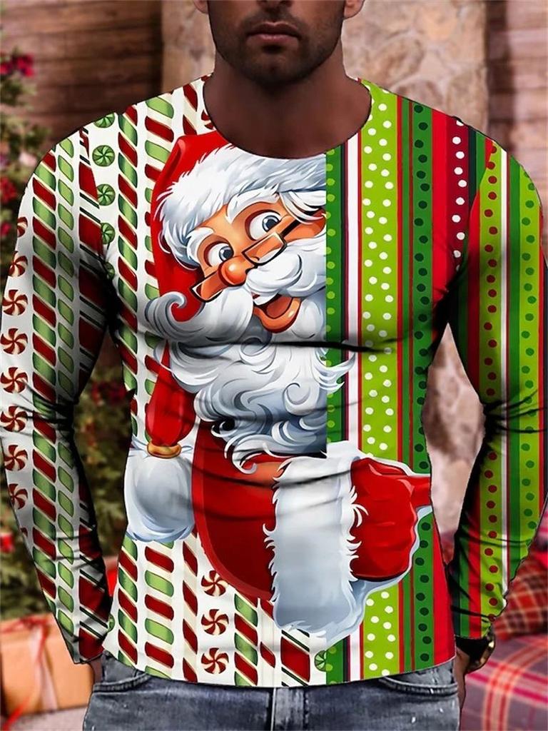 New Spring and Autumn Men's Fashion Interesting New Year Santa 3D Printed Long Sleeve Round Neck Plus Size Loose Breathable Top