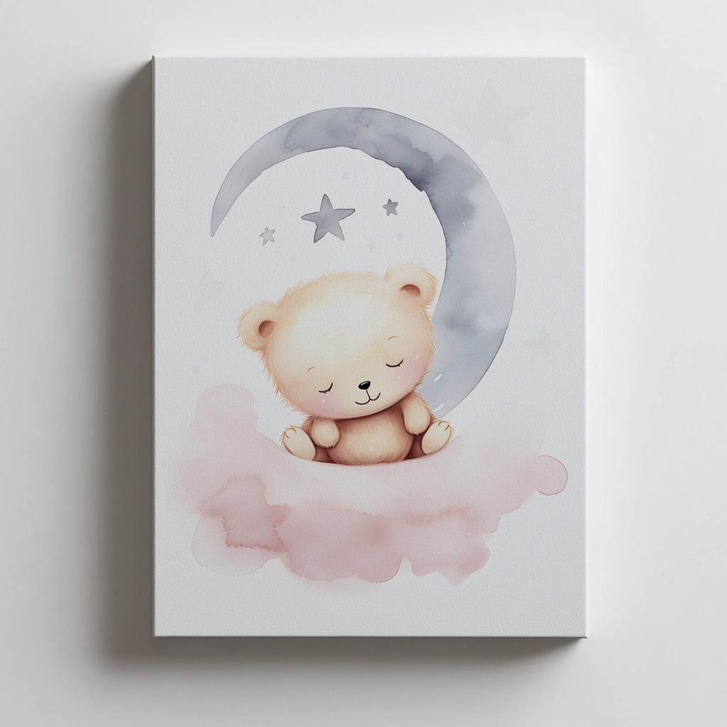 Śpiący Miś Na Różowej Chmurce Śpiący Miś Na Różowej Chmurce, 50X70 Cm, Bez Ramy, Płótno Premium Na Blejtramie