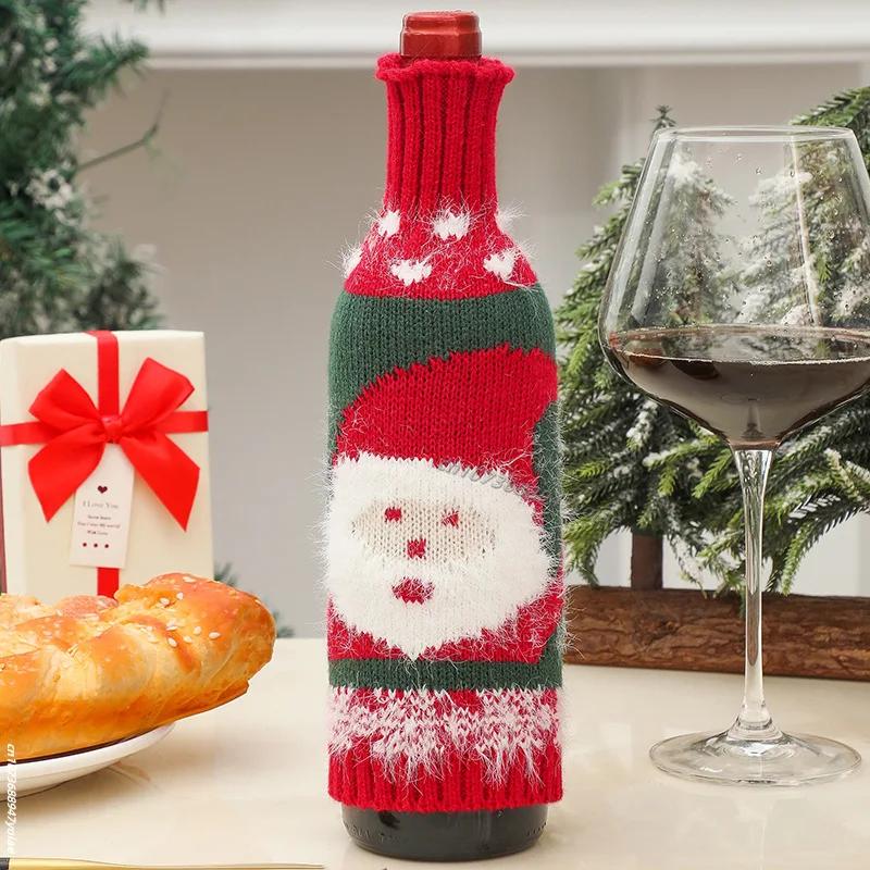 Cute Knitted Wine Bottle Cover Christmas Table Decoration Cartoon Santa Claus Snowman Pattern Red Wine Bottle Decor Xmas Gift