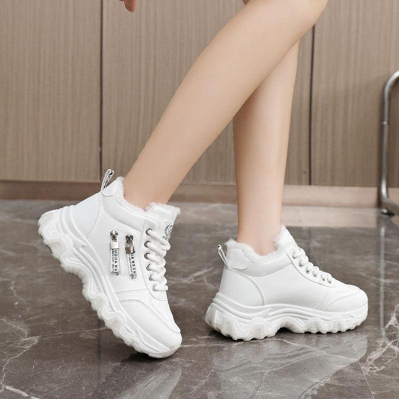 Женские зимние кроссовки для ходьбы на толстой платформе, нескользящие короткие ботинки с подкладкой из искусственного меха, кроссовки на шнуровке, женские теплые зимние ботинки с флисовой подкладкой