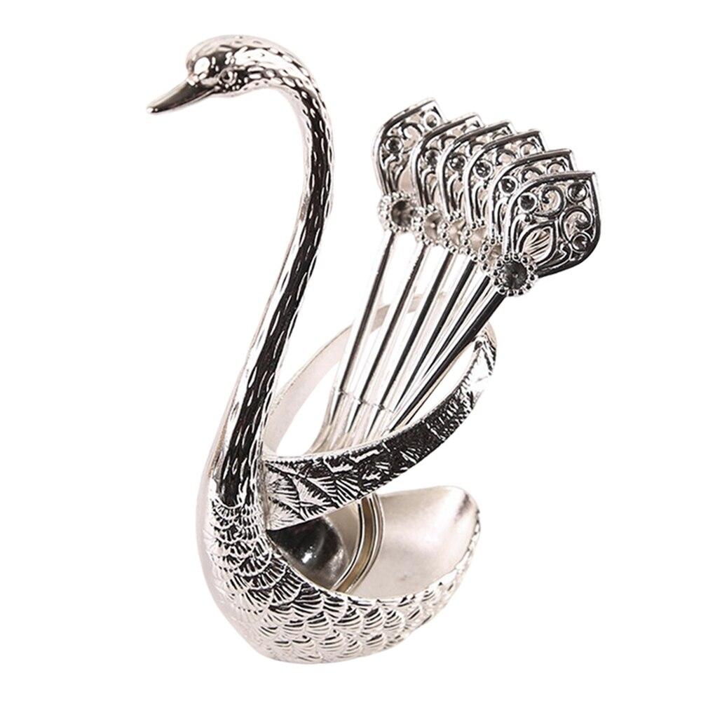 Набор столовой посуды из нержавеющей стали, держатель на базе лебедя с 6 ложками для кофе, фруктовый десерт, ложка для перемешивания