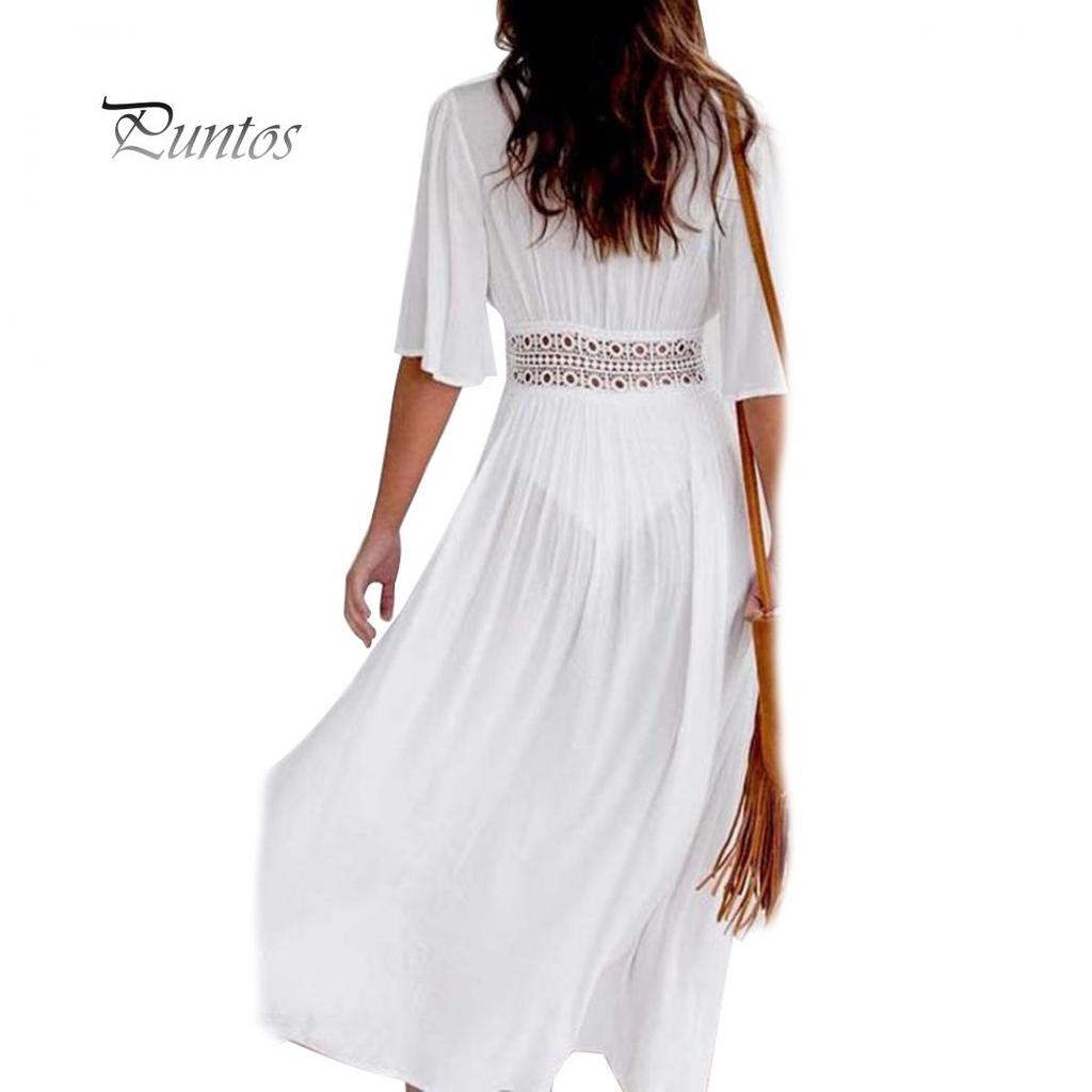 Women Solid Color Hollow Smock Long Bikini Cover Up Lacing Cardigan Beachwear