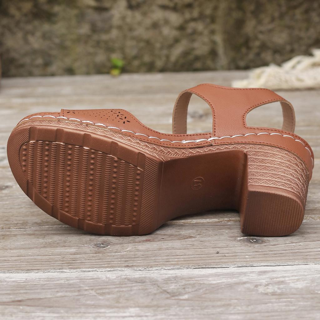 Туфли на среднем каблуке с открытым носком и металлической пряжкой с круглой головкой, летняя новинка, мягкая подошва, прошитые каблуки