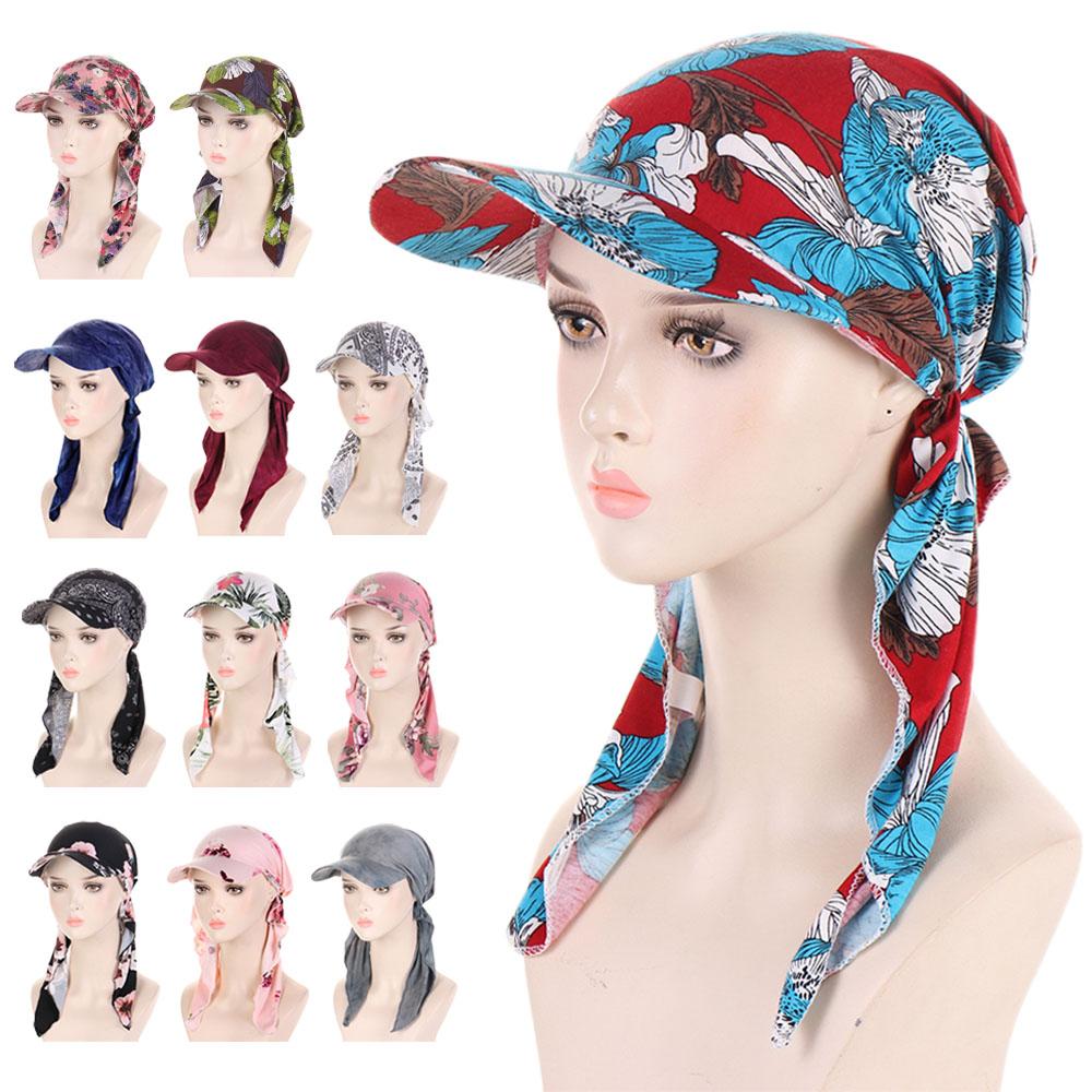 2025 Print Pre-Tied Hat Women Muslim Long Tail Headscarf Hijab Turban Visor Chemo Cap Bonnet Hair Loss Head Wrap Turbante Mujer