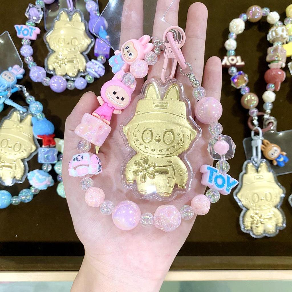 999 Pure Gold Labubu Cartoon Phone Lanyard Keychain & Bag Charm for Women