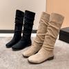 Fashion 2024 New High Quality Pleated Boots Women Black Nude Faux Suede Flock Knee High Boots Ladies Flat Autumn Winter Dress Shoe 43