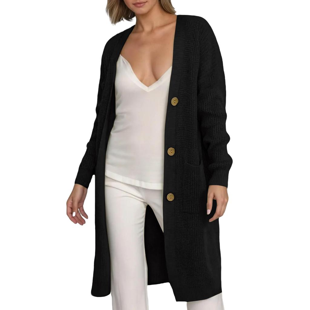 Women's Solid Color Long Sleeved Knee Length Knitted Cardigan, Lazy Trend, Medium Long Hair Jacket