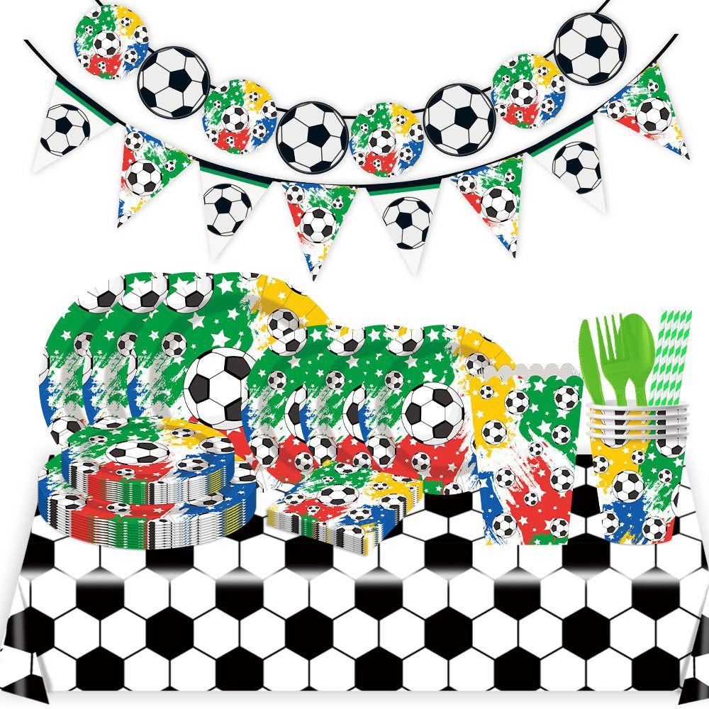 World Cup Soccer Party Tableware Set: Disposable Paper Plates, Cups, Straws, Tablecloths, Banners, and Decorations