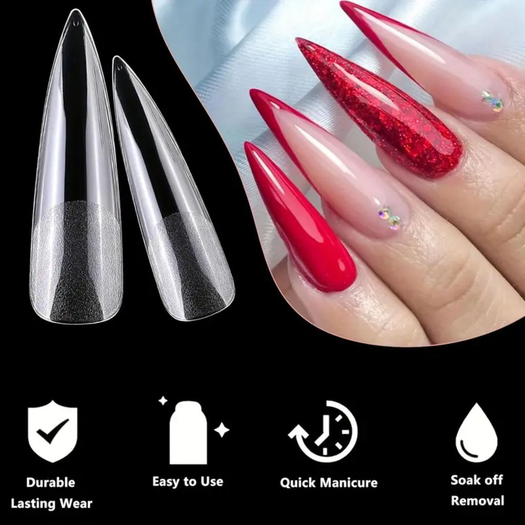 240Pcs XL Stiletto Nail Tips Clear Fake Nails Extra Long Stiletto Nail Full Cover Artificial Fingernail Extension Tool