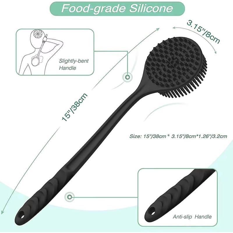 Silicone Back Scrubber for Shower 15in Long Handle Body Brush 2-Sided Exfoliating & Massage Brush Creates Rich Foam Long Handle Back Scrubber for