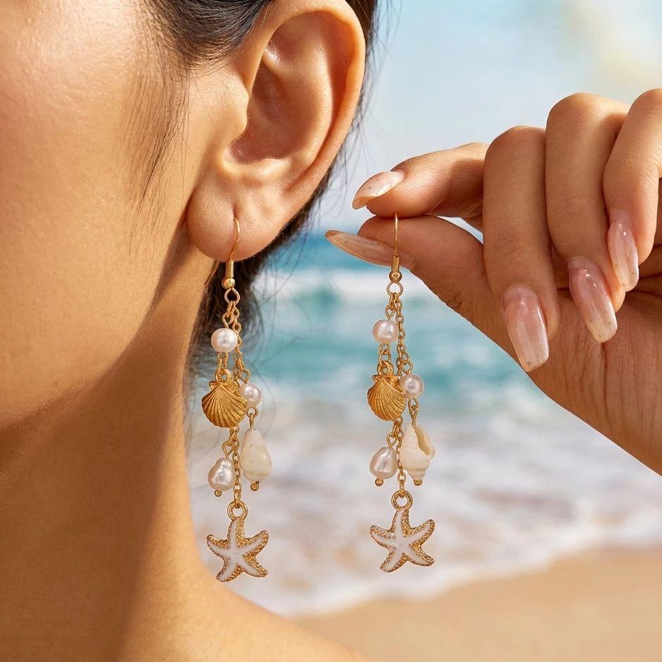 Богемные длинные серьги с кисточками для женщин, золотого цвета, с подвесками в виде морской звезды, ракушки, жемчуга, летние пляжные украшения