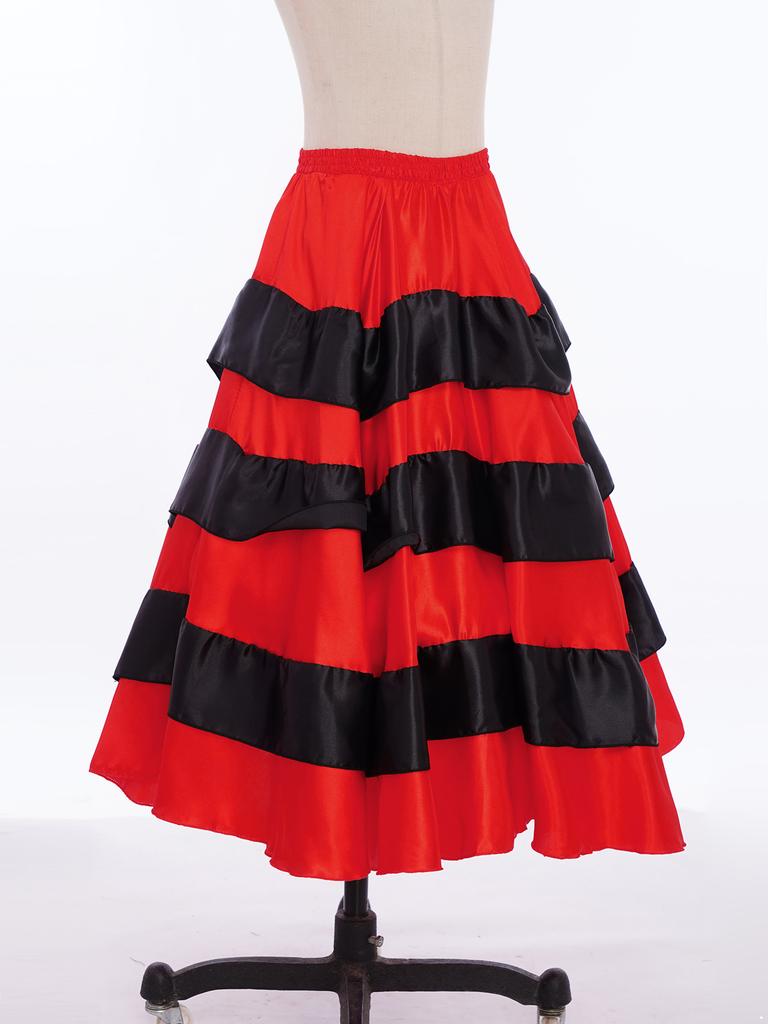 Kids Girls Spanish Dance Performance Skirt: Red Black Contrast Color Tiered Ruffles Wide Hemline Satin for Flamenco Ballroom Costume